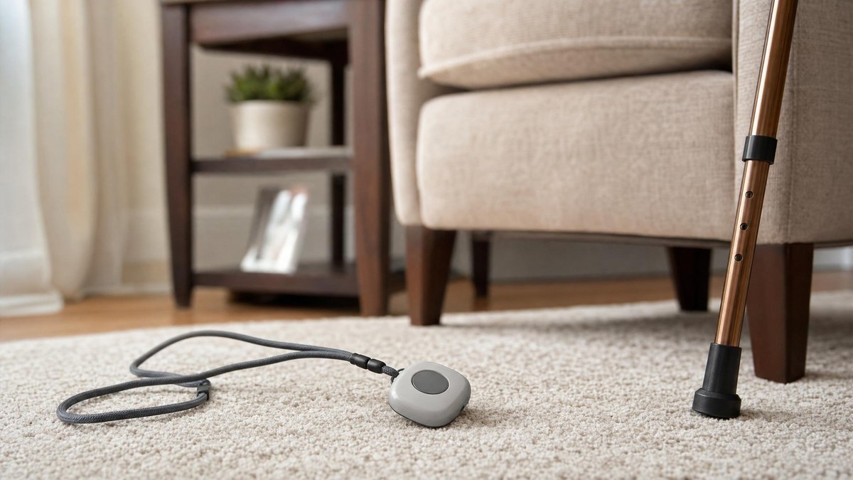 Medical alert pendant near a cane and chair for fall detection context