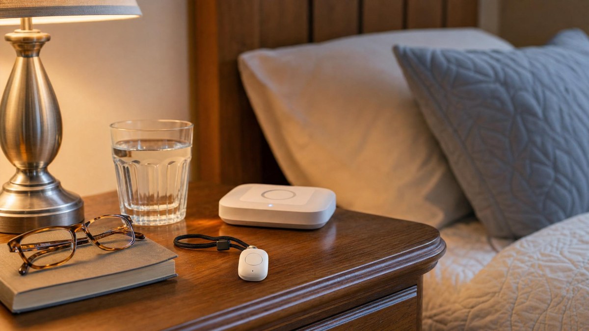 Unbranded in-home medical alert pendant and base station on a bedside table