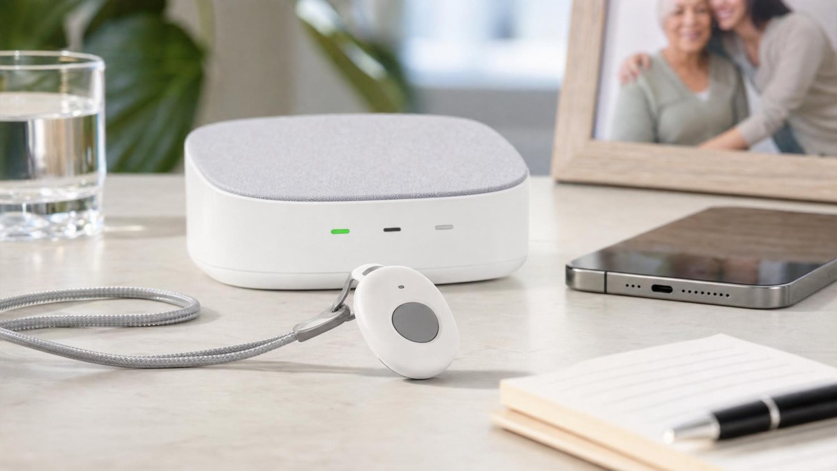 Unbranded medical alert pendant, base station, phone, and caregiver notes