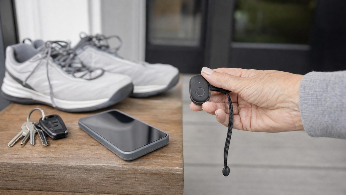 Unbranded mobile alert button near walking shoes and a phone